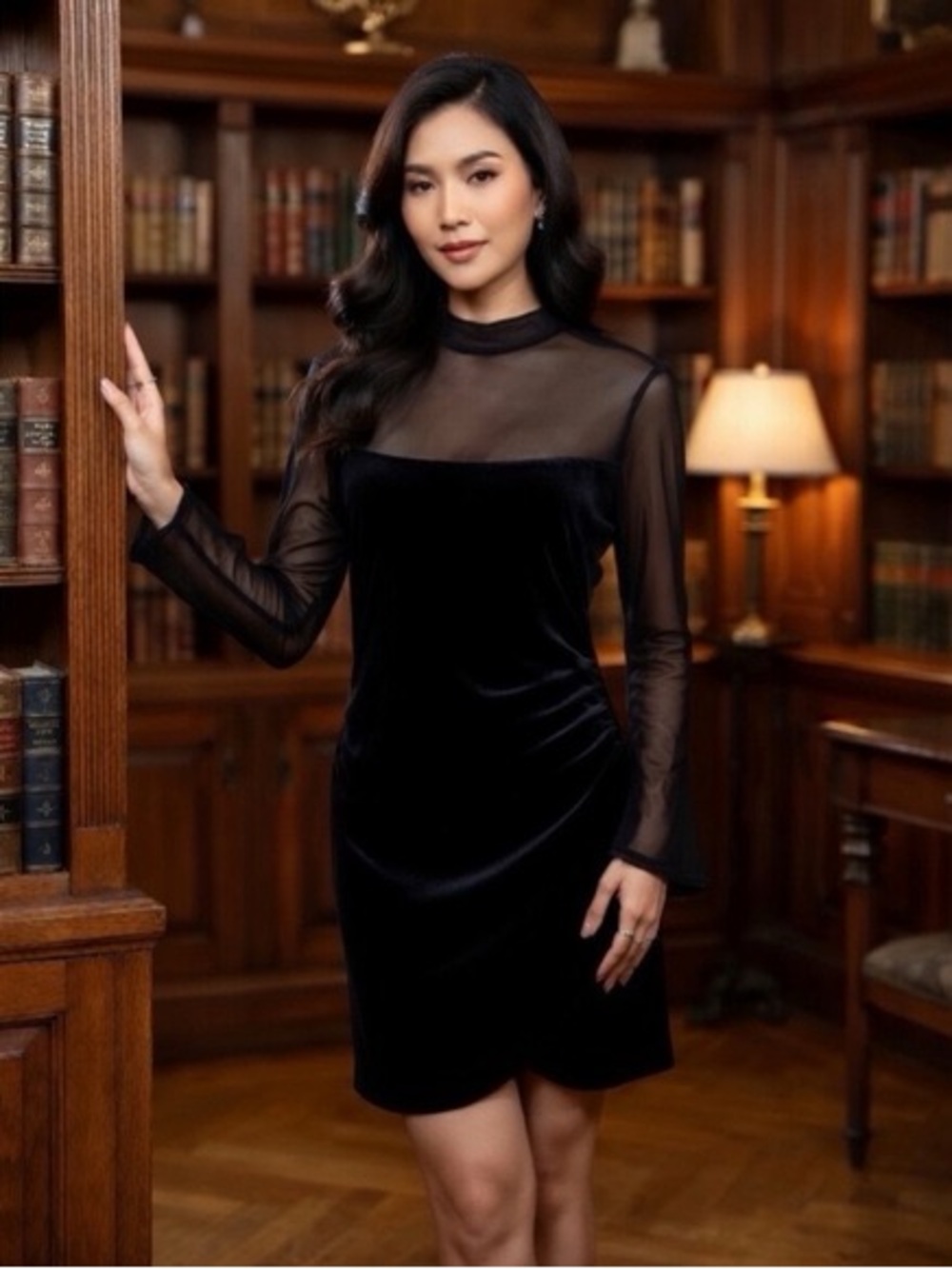 wild fable Black Velvet Mini Dress with Sheer Yoke & Sleeves